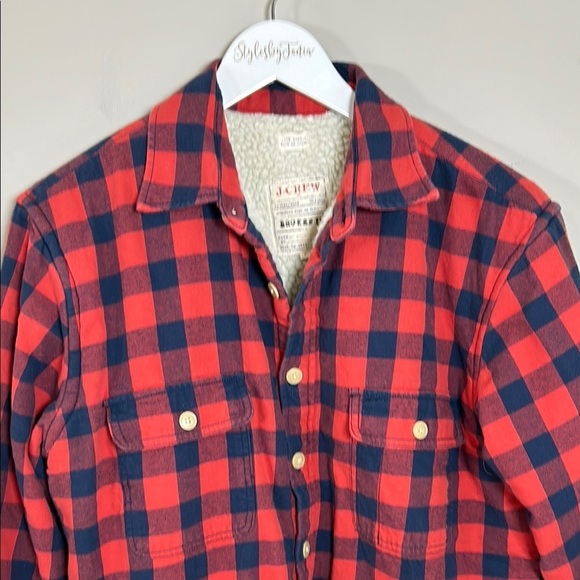 J Crew Mens Shacket Sherpa Lined Red and Blue Plaid Jacket Outdoor Fleece Sz L - Picture 4 of 11